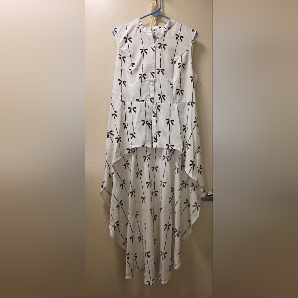 Elegant White With Black Bow Sleeveless Hi Low Blouse